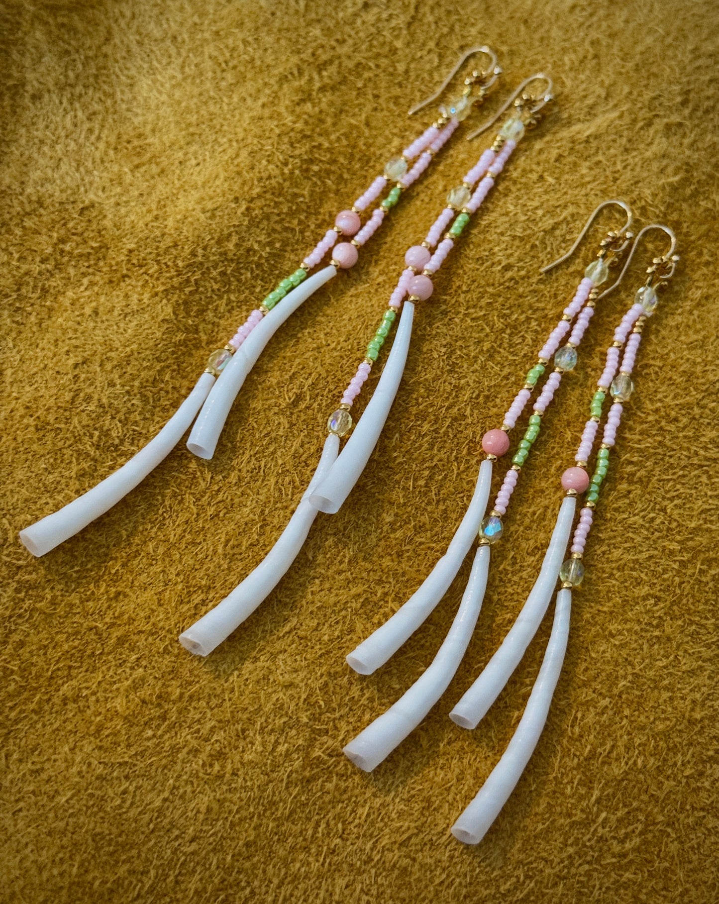 Pink coral and crystal two strand dangle earrings 4.5” long