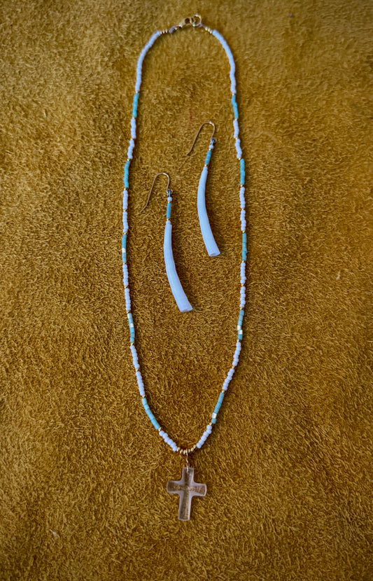 Dentalium and Swarovski cross set